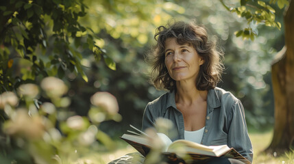 Sticker - Beautiful mid aged lady enjoying a book outdoors, surrounded by nature and natural ligh