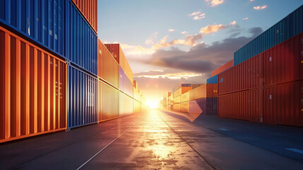 Stacks of cargo freight containers at a port. Shipping crates at an industrial depot or logistics warehouse, ready for export or import