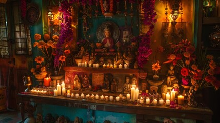 Poster - A gothic interior of a vampire castle of Transylvania, lit by candles and featuring an altar for satanic rites and human sacrifices. 3D illustration.