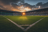 Fototapeta Sport - Sunset Rays over an Empty Soccer Stadium Ready for Action 