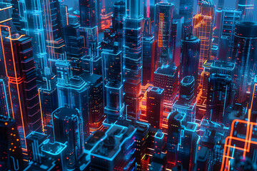 Poster - cyber city digital technology and information security big data concept in 3d illustration neural networks blockchain database in world of future AI