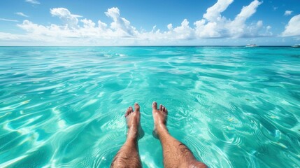 Canvas Print - Woman's feet floating in turquoise ocean water tropical island background.