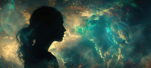 Wall Mural - a woman stands in front of a vast space filled with stars