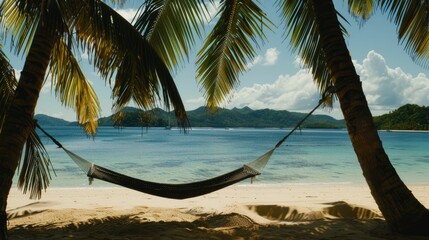 A hammock is swaying between two tall palm trees on a sandy beach, overlooking the crystalclear water and blue sky. The natural landscape is serene and perfect for relaxation AIG50