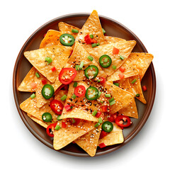 Wall Mural - Plate of nachos corn chips with pepper, top view, isolated on white background,