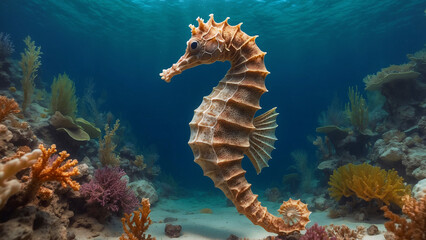 Stunning Seahorse Roaming Its Natural Habitat In Coral Reef Scouting For Food 300 PPI High Resolution Image