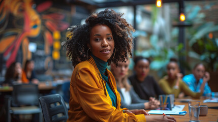 Poster - In a modern office setting, an identifying businessperson confidently leads a team meeting, instructing diverse team members. The environment reflects a commitment to workplace inclusivity, with