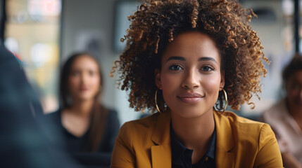 Poster - In a modern office setting, an identifying businessperson confidently leads a team meeting, instructing diverse team members. The environment reflects a commitment to workplace inclusivity, with