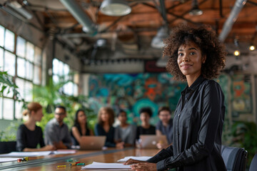 Poster - A dynamic businessperson who identifies as LGBTQ+ stands at the head of a conference table, presenting ideas to an attentive team. The scene emphasizes workplace inclusivity and the value of diverse