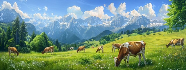 Milk cows grazing in an alpine meadow with idylic mountains in the distance