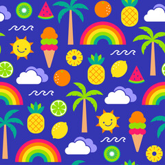 Wall Mural - Cute colorful tropical fruit , palm tree, ice cream and rainbow seamless pattern for summer holidays background.