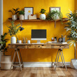 © DEEP - Smart student creative desk mock up with office supplies, laptop and yellow wall