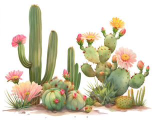 Wall Mural - Watercolor cute abstract cacti illustration on white background isolated