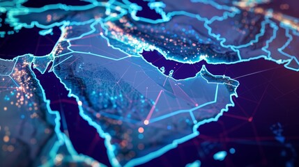 Wall Mural - This abstract map of Saudi Arabia and the MENA region encapsulates the essence of global network and connectivity. It signifies the roles of data transfer, cyber technology