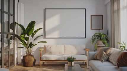 Wall Mural - This frame mockup features an ISO A paper size poster on a living room wall. The modern interior design, combined with a house background, creates a stunning 3D render for displaying your designs.