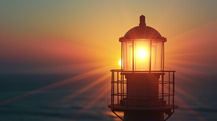 A brilliant sunset casts vibrant rays of light behind a lighthouse overlooking the ocean, symbolizing guidance and hope.