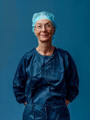 Wall Mural - Portrait of a surgeon. Portrait of a female doctor in a medical gown on a dark background. Medical specialist in the clinic.