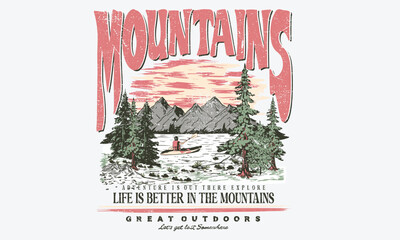 Outdoor adventure graphic print design. Mountain t-shirt artwork. 