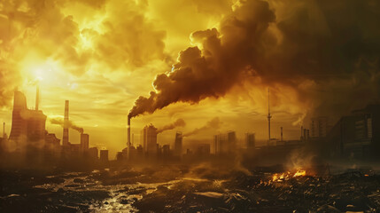 A view of a large industrial city with a lot of poisoned thick toxic smoke and a yellow sky