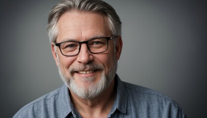 Clouse-up, friendly middle-aged man with gray hair and beard wearing casual clothes looks at the camera, Panorama. Mature gentleman in eyeglasses smiles at the camera