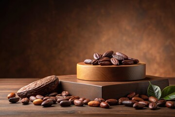 Sticker - Coffee beans and chocolate on a wooden pedestal.