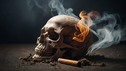 Skull smoking a cigarette in a smoky night. Generative Ai