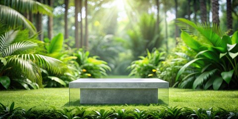 Canvas Print - Stone bench in a lush green garden.