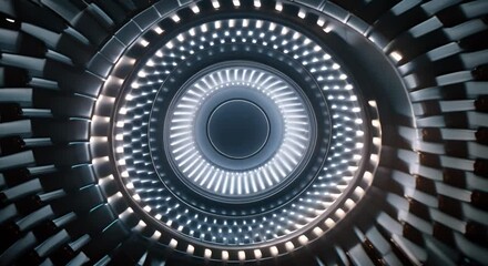 high-tech circular formation light sculpture with 60 repeating blade shapes in a polar array at 10m high