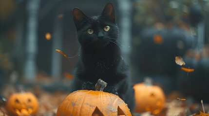 Wall Mural - A black cat sitting on a pumpkin in a spooky Halloween yard, illuminated by moonlight and eerie lighting.