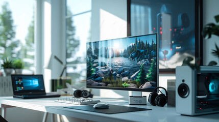 Poster - home office, there's a laptop on the desk, playing a movie, realistic style, one vertical display, o
