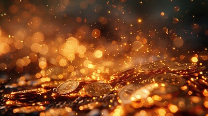 Photo of Bitcoin raining down against a dark background with golden vibes
