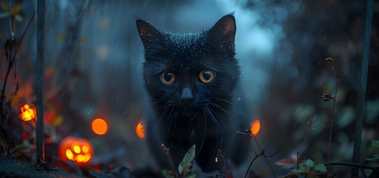 a black cat with glowing eyes sitting on a fence on halloween night, surrounded by fog and spooky de