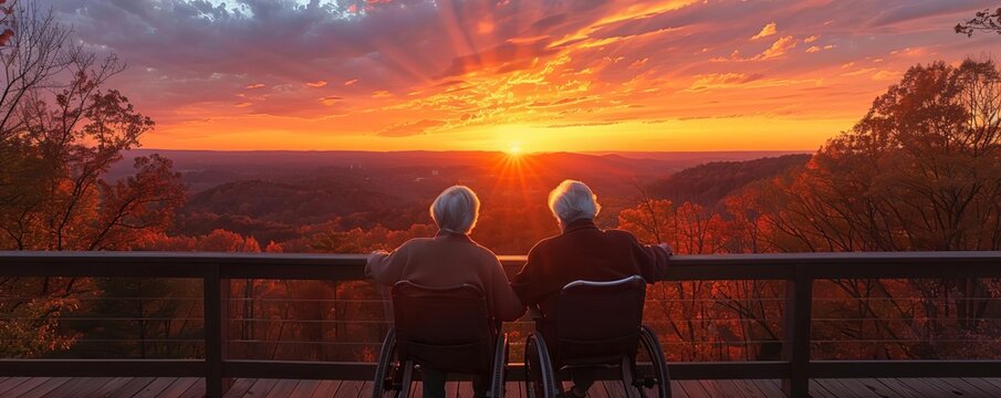 elderly couple with mobility aids enjoying a sunset from a comfortable, accessible viewing deck, pea
