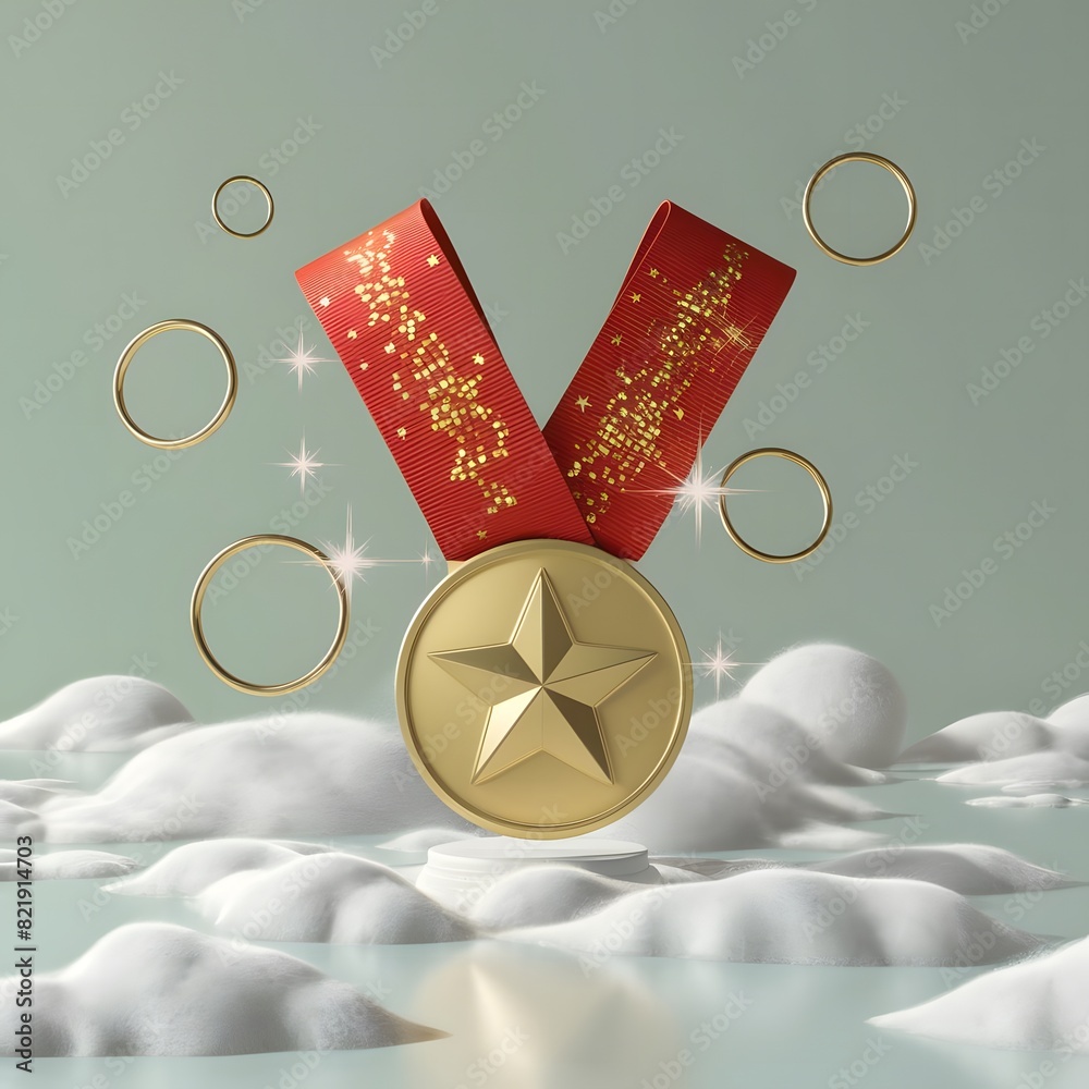 Gold medal with star, red ribbons and sparkles on white background ...