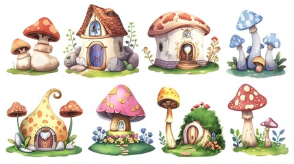 Wall Mural - Whimsical Watercolor Mushroom Huts and Flower Covered Abodes in Enchanting Fantasy Landscape