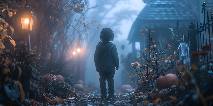 A child dressed as a shadowy figure, creeping through a foggy Halloween yard