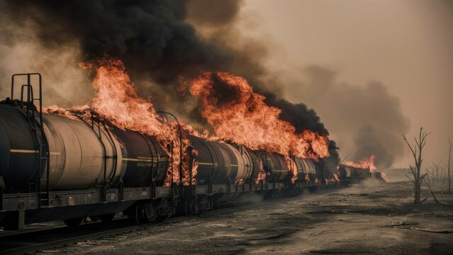 Modern train carrying petroleum products is on fire. Somewhere in deserted land. Environmental catastrophe Train fire pollutes deserted landscape.