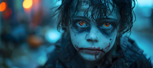 Wall Mural - A child dressed as a zombie for Halloween, with spooky face paint and decorations in the background
