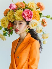 Wall Mural - Young asian woman model with a bouquet of multi-colored flowers on her head on a white background in fashion editorial style.