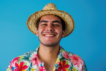 Wall Mural - Summer Shirt. Portrait of Young Handsome Hispanic Man Wearing Hawaiian Shirt and Summer Hat on Isolated Background