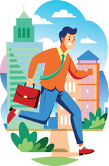 Wall Mural - Businessman is running in city, flat illustration, vector illustration.