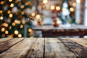 Wall Mural - Winter Holiday Table. Top View of Empty Wooden Table Against Abstract Blurred Holiday Background