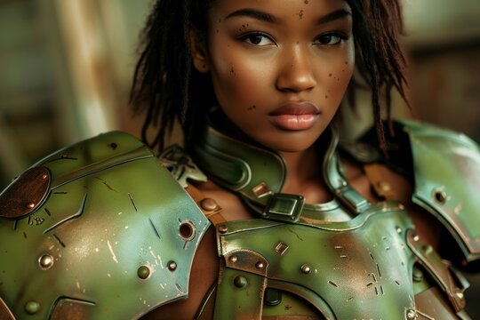Futuristic warrior woman in green armor
