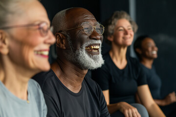 Wall Mural - Fitness, laughing and friends at the gym for training, diverse seniors pilates class for active retirement lifestyle. exercise in a group for a workout, cardio or yoga in a studio 