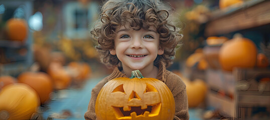 Wall Mural - A child proudly displaying their freshly carved Halloween pumpkin