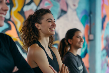 Wall Mural - Fitness, laughing and friends at the gym for training, diverse pilates class for active healthy lifestyle. exercise in a group for a workout, cardio or yoga in a studio 