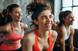 © sam - Fitness, laughing and friends at the gym for training, diverse pilates class for active healthy lifestyle. exercise in a group for a workout, cardio or yoga in a studio