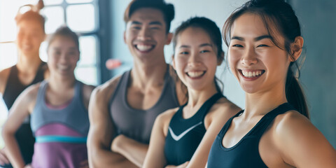 Fitness, laughing and friends at the gym for training, Asian pilates class for active healthy lifestyle. exercise in a group for a workout, cardio or yoga in a studio 