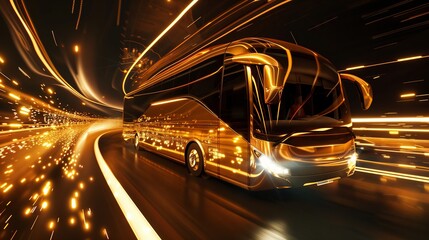 Poster - a sleek black and gold bus speeds, creating light streaks against intricate technological lines in t