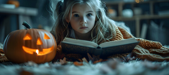 Wall Mural - A child reading a ghost story book by flashlight under a blanket on Halloween night